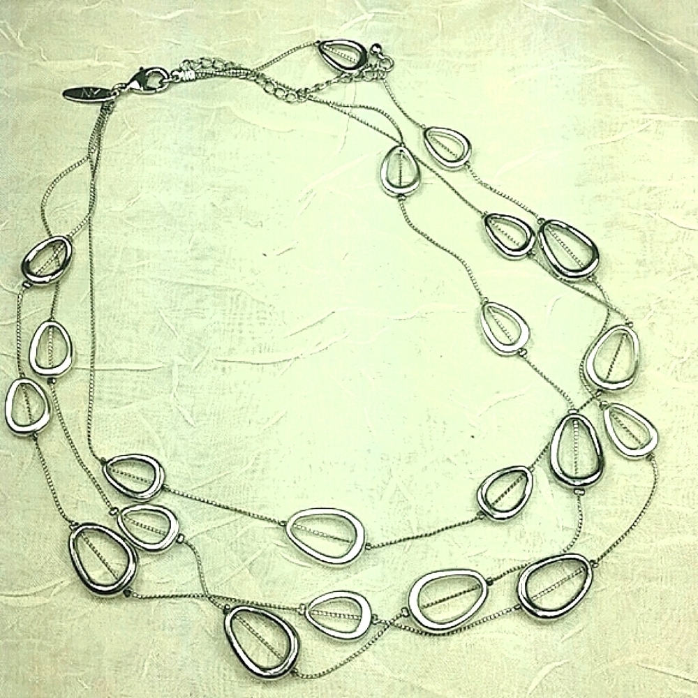 Trifari Necklace triple multi strand silver tone with random odd shaped oval
